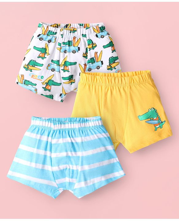 Babyhug 100% Cotton Knit Antibacterial Trunks with Stripes & Animal Print Pack of 3 - Yellow Light Blue & White