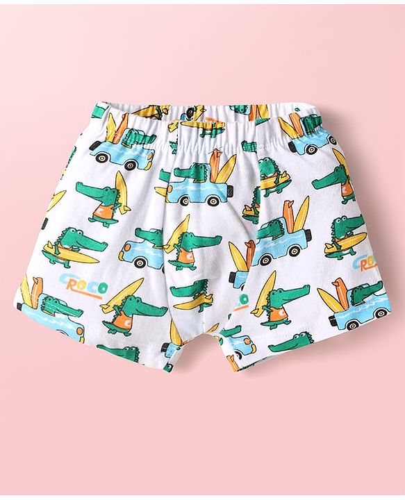 Babyhug 100% Cotton Knit Antibacterial Trunks with Stripes & Animal Print Pack of 3 - Yellow Light Blue & White