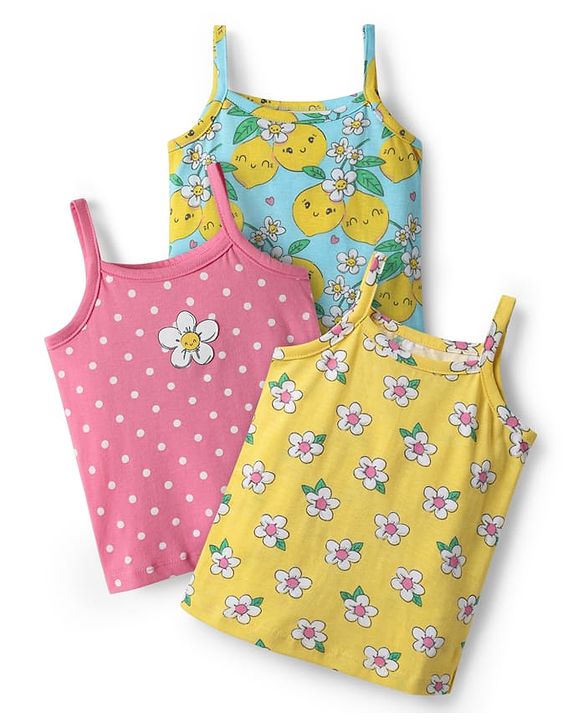 Babyhug 100% Cotton Single Jersey Knit Sleeveless Antibacterial Slips With Floral & Polka Dot Print Pack Of 3 - Pink Yellow & Light Blue