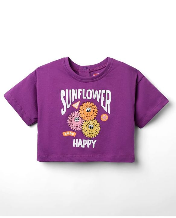 Babyhug Cotton Knit Half Sleeves Crop T-Shirt with Floral Print - Purple