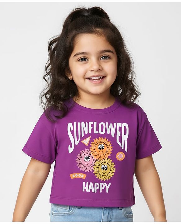 Babyhug Cotton Knit Half Sleeves Crop T-Shirt with Floral Print - Purple