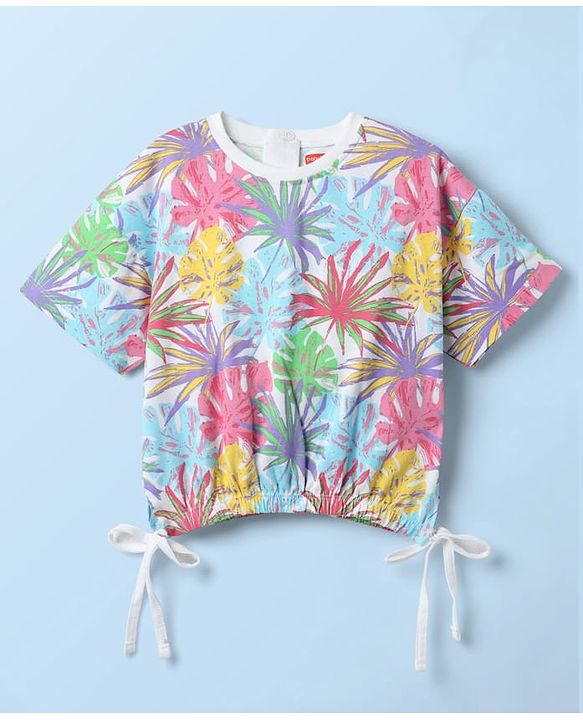 Babyhug Cotton Knit Half Drop Shoulder Sleeves Crop Top with Tropical Theme Print - White