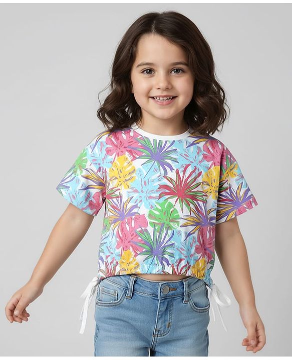 Babyhug Cotton Knit Half Drop Shoulder Sleeves Crop Top with Tropical Theme Print - White