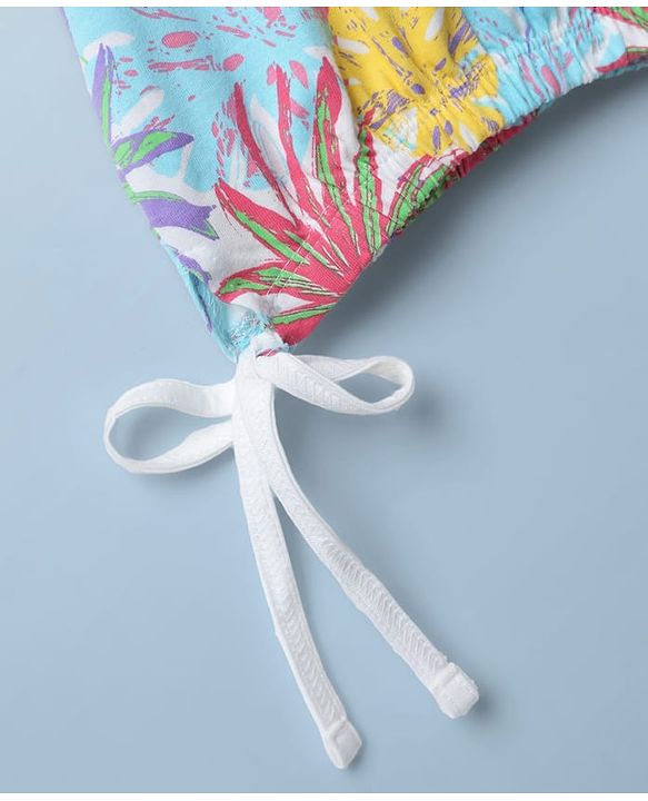 Babyhug Cotton Knit Half Drop Shoulder Sleeves Crop Top with Tropical Theme Print - White