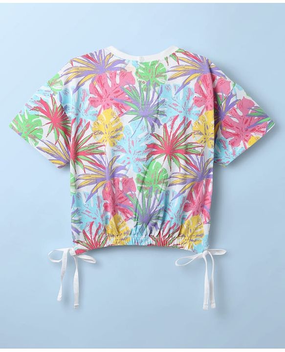 Babyhug Cotton Knit Half Drop Shoulder Sleeves Crop Top with Tropical Theme Print - White