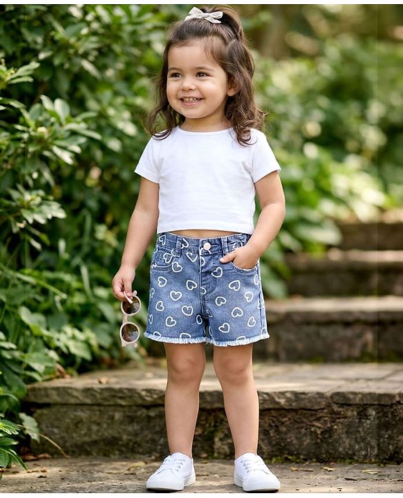 Babyhug Mid Thigh Denim Shorts With Stretch & Heart Print - Blue