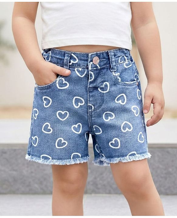 Babyhug Mid Thigh Denim Shorts With Stretch & Heart Print - Blue