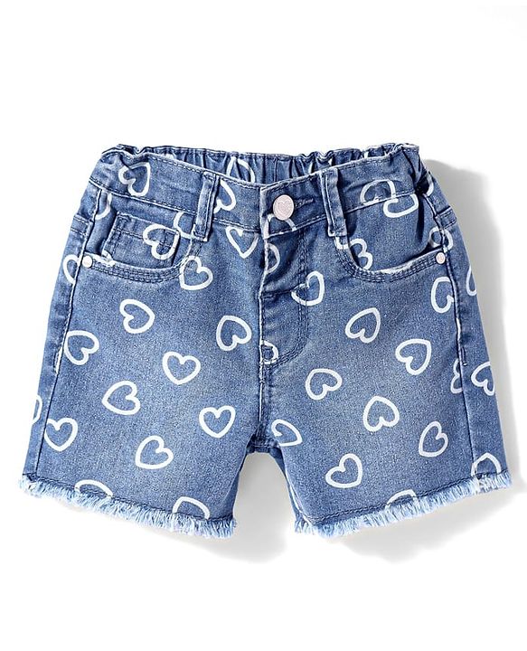 Babyhug Mid Thigh Denim Shorts With Stretch & Heart Print - Blue