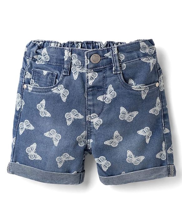 Babyhug Twill Denim Mid Thigh Shorts With Stretch Butterfly Print - Navy Blue
