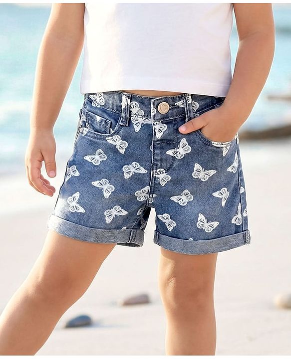 Babyhug Twill Denim Mid Thigh Shorts With Stretch Butterfly Print - Navy Blue