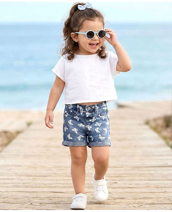 Babyhug Twill Denim Mid Thigh Shorts With Stretch Butterfly Print - Navy Blue