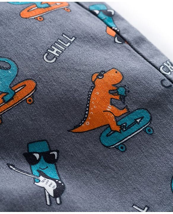 Babyhug Twill Mid Thigh Shorts With Stretch & Dino Print - Dark Grey