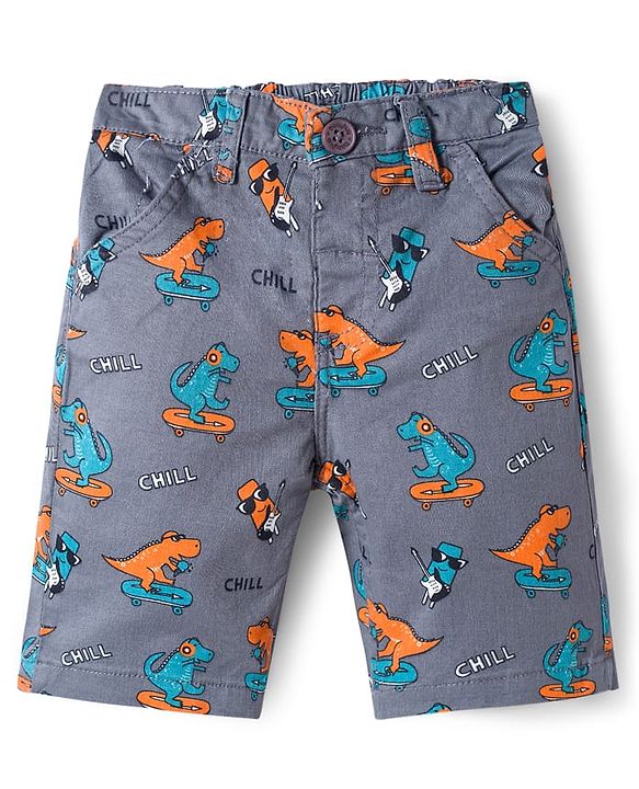 Babyhug Twill Mid Thigh Shorts With Stretch & Dino Print - Dark Grey