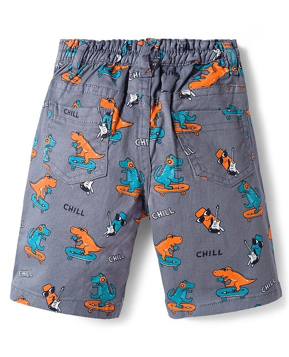 Babyhug Twill Mid Thigh Shorts With Stretch & Dino Print - Dark Grey