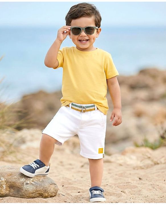 Babyhug Twill Mid Thigh Solid Colour Shorts With Stretch & Belt - White