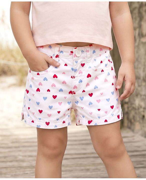 Babyhug Twill Mid Thigh Shorts With Heart Print - White