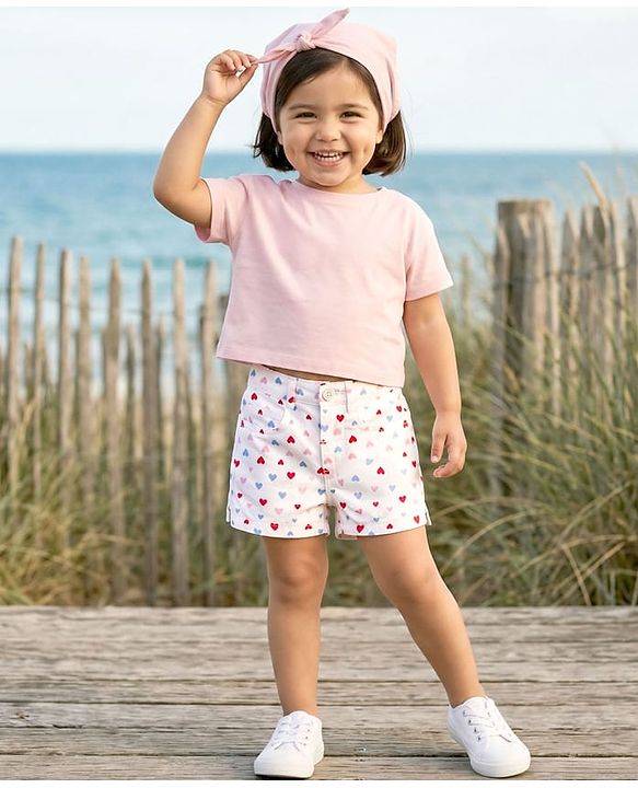Babyhug Twill Mid Thigh Shorts With Heart Print - White
