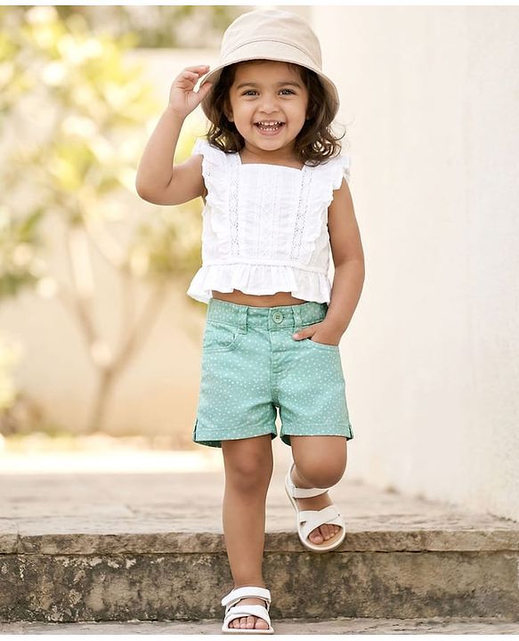 Babyhug Mid Thigh Twill Shorts With Stretch & Polka Dot Print - Sea Green
