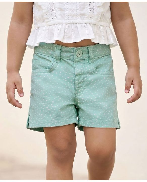 Babyhug Mid Thigh Twill Shorts With Stretch & Polka Dot Print - Sea Green