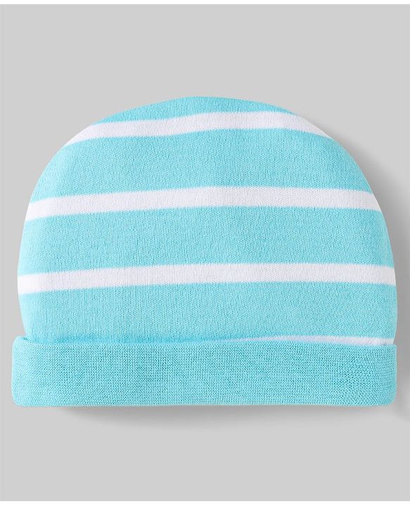 Babyhug 100% Cotton Interlock Knit Caps With Vehicle & Stripes Print Pack Of 2 Light Blue & White - Diameter 15.5 cm