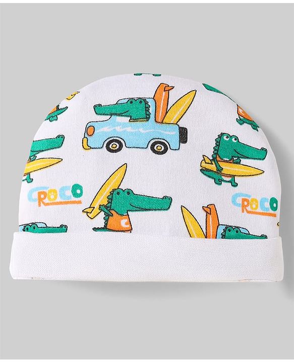 Babyhug 100% Cotton Interlock Knit Caps With Vehicle & Stripes Print Pack Of 2 Light Blue & White - Diameter 15.5 cm
