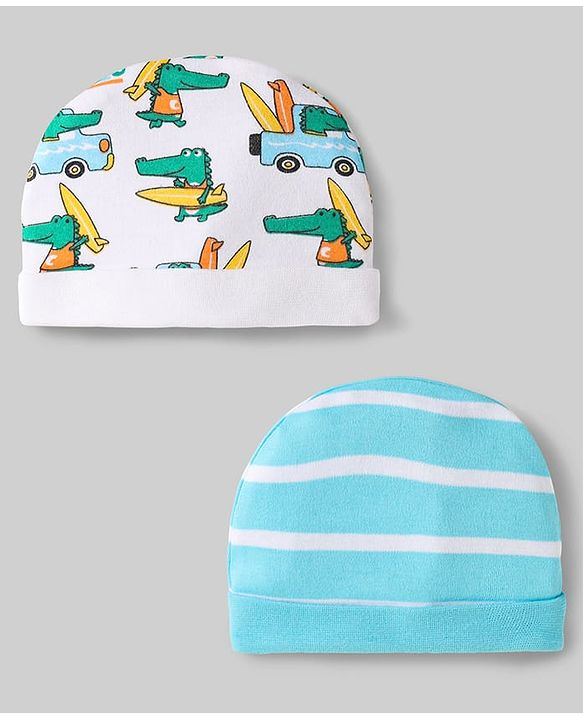 Babyhug 100% Cotton Interlock Knit Caps With Vehicle & Stripes Print Pack Of 2 Light Blue & White - Diameter 15.5 cm