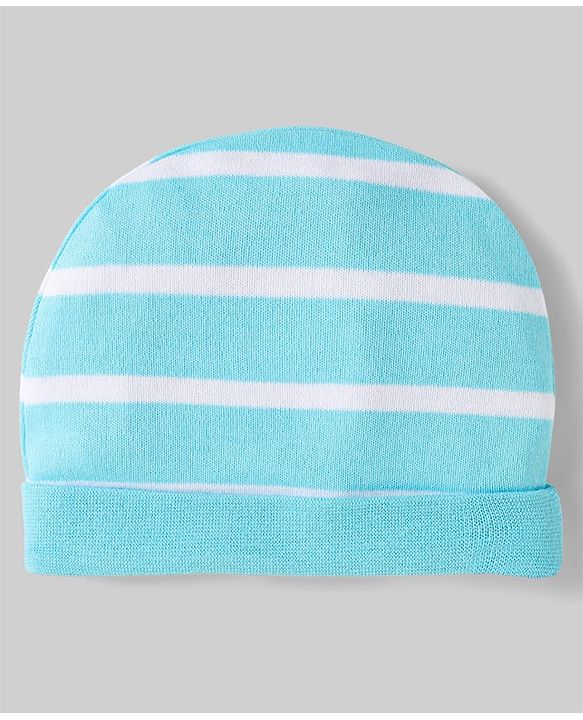 Babyhug 100% Cotton Interlock Knit Caps With Vehicle & Stripes Print Pack Of 2 Light Blue & White - Diameter 15.5 cm