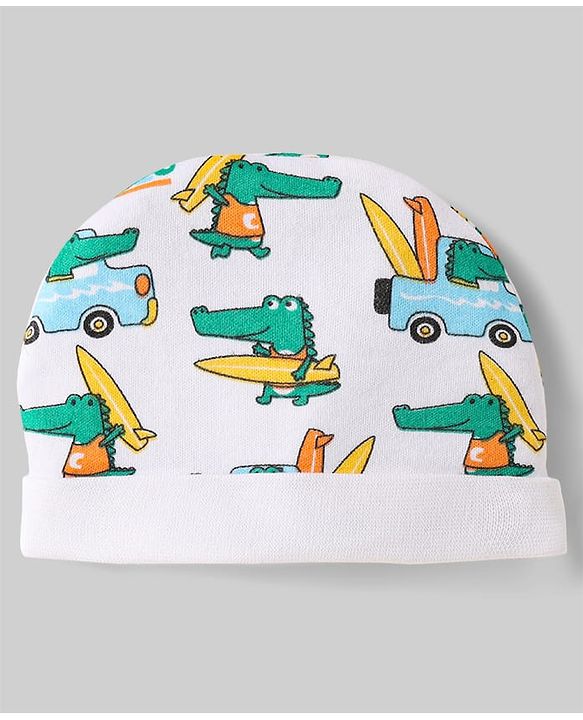 Babyhug 100% Cotton Interlock Knit Caps With Vehicle & Stripes Print Pack Of 2 Light Blue & White - Diameter 15.5 cm