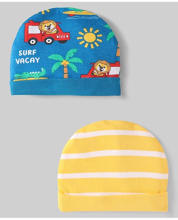 Babyhug 100% Cotton Interlock Knit Caps With Stripes & Tropical Theme Pack Of 2 Yellow & Blue - Diameter 17 cm