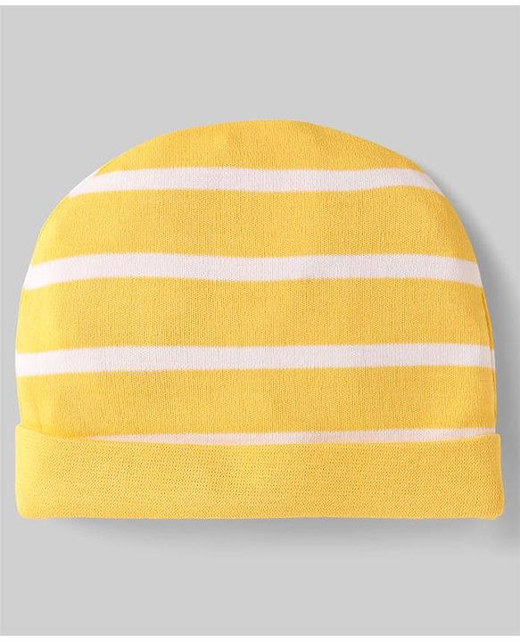 Babyhug 100% Cotton Interlock Knit Caps With Stripes & Tropical Theme Pack Of 2 Yellow & Blue - Diameter 17 cm