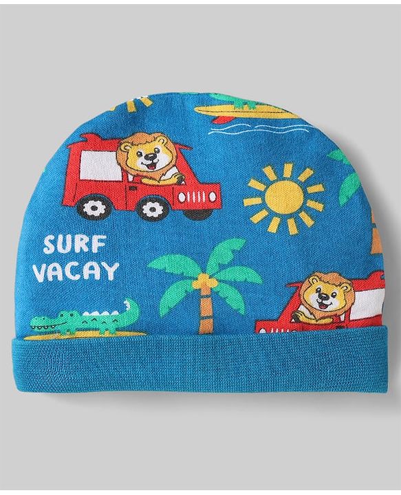 Babyhug 100% Cotton Interlock Knit Caps With Stripes & Tropical Theme Pack Of 2 Yellow & Blue - Diameter 17 cm