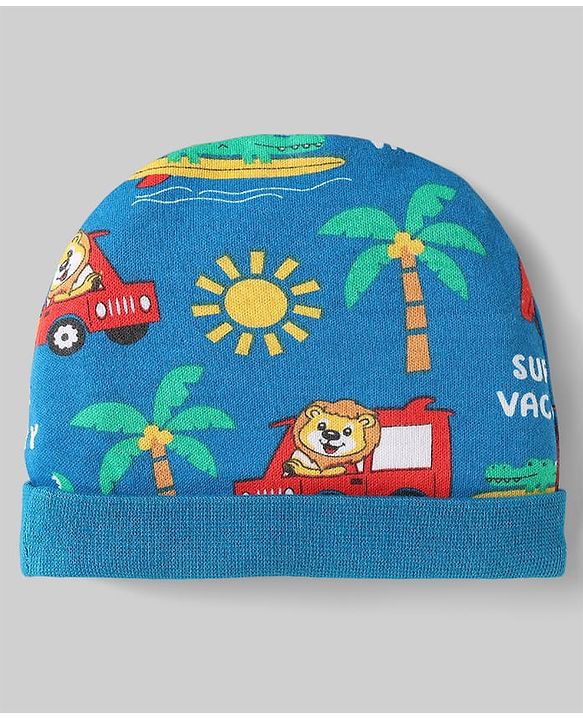 Babyhug 100% Cotton Interlock Knit Caps With Stripes & Tropical Theme Pack Of 2 Yellow & Blue - Diameter 17 cm