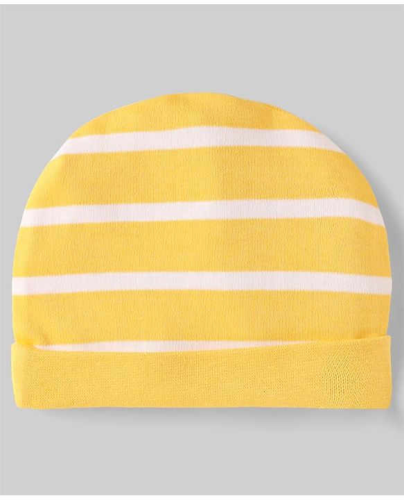Babyhug 100% Cotton Interlock Knit Caps With Stripes & Tropical Theme Pack Of 2 Yellow & Blue - Diameter 17 cm