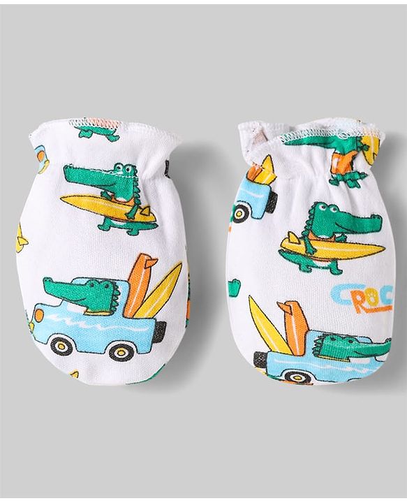 Babyhug 100% Cotton Mittens & Booties Set With Vehicle Print Pack Of 2 - White