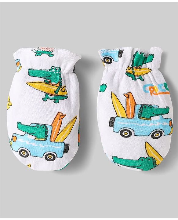 Babyhug 100% Cotton Mittens & Booties Set With Vehicle Print Pack Of 2 - White