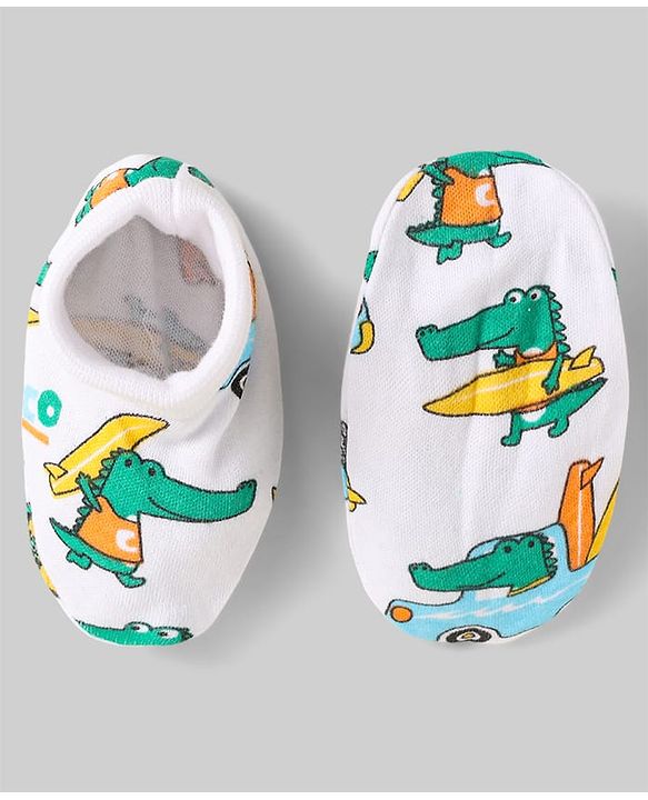 Babyhug 100% Cotton Mittens & Booties Set With Vehicle Print Pack Of 2 - White