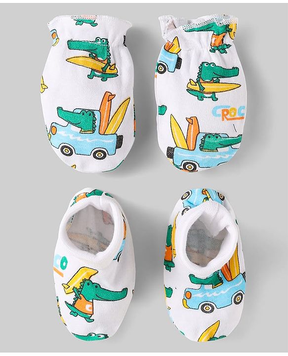 Babyhug 100% Cotton Mittens & Booties Set With Vehicle Print Pack Of 2 - White