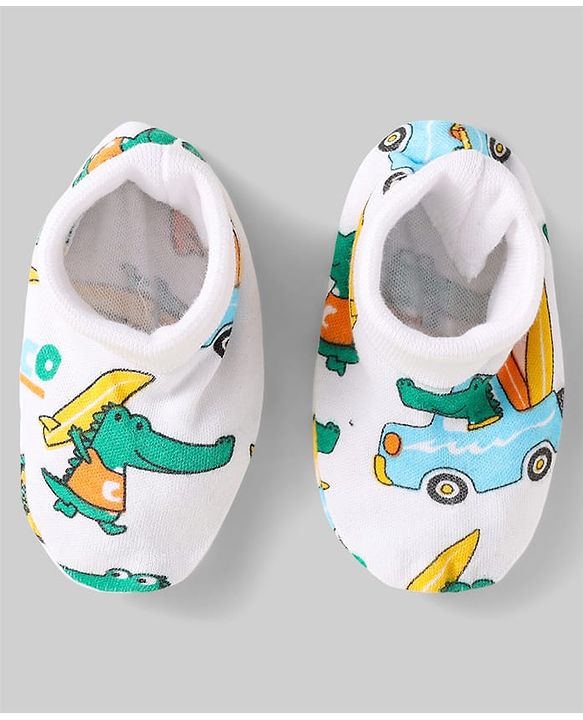 Babyhug 100% Cotton Mittens & Booties Set With Vehicle Print Pack Of 2 - White