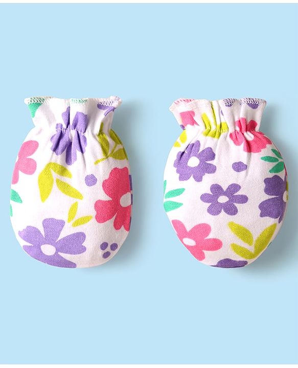 Babyhug 100% Cotton Knit Mittens And Booties with Floral Print - White