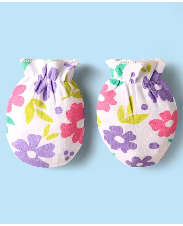 Babyhug 100% Cotton Knit Mittens And Booties with Floral Print - White