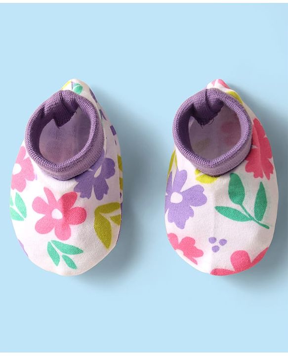 Babyhug 100% Cotton Knit Mittens And Booties with Floral Print - White