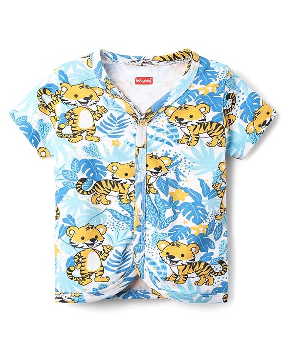 Babyhug 100% Cotton Knit Half Sleeves Striped & Animal Printed Front Open jhablas Pack of 3 - Blue White & Yellow