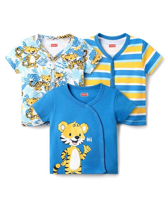 Babyhug 100% Cotton Knit Half Sleeves Striped & Animal Printed Front Open jhablas Pack of 3 - Blue White & Yellow