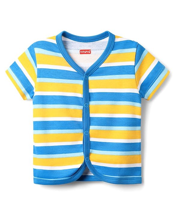 Babyhug 100% Cotton Knit Half Sleeves Striped & Animal Printed Front Open jhablas Pack of 3 - Blue White & Yellow