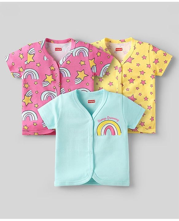 Babyhug 100% Cotton Interlock Knit Front Open Half Sleeves jhablas With Star & Rainbow Print Pack Of 3 - Pink Light Blue & Yellow