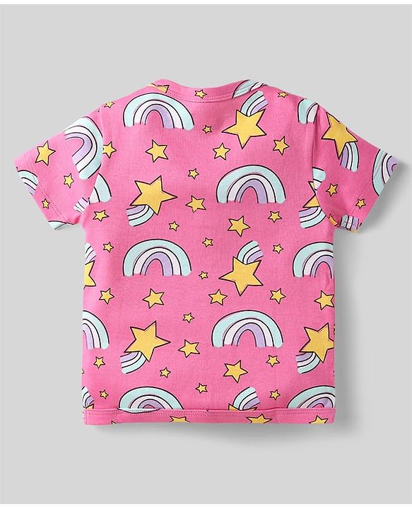 Babyhug 100% Cotton Interlock Knit Front Open Half Sleeves jhablas With Star & Rainbow Print Pack Of 3 - Pink Light Blue & Yellow