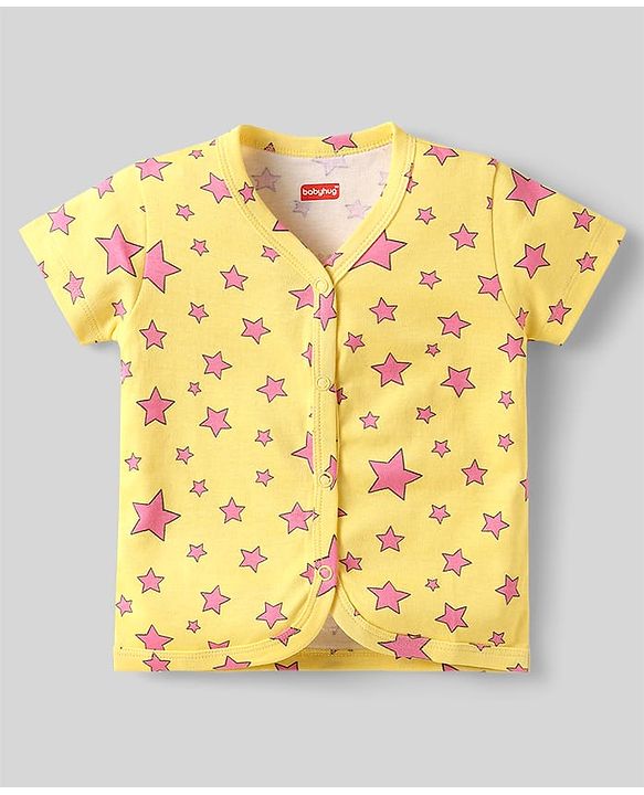 Babyhug 100% Cotton Interlock Knit Front Open Half Sleeves jhablas With Star & Rainbow Print Pack Of 3 - Pink Light Blue & Yellow