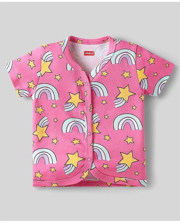 Babyhug 100% Cotton Interlock Knit Front Open Half Sleeves jhablas With Star & Rainbow Print Pack Of 3 - Pink Light Blue & Yellow