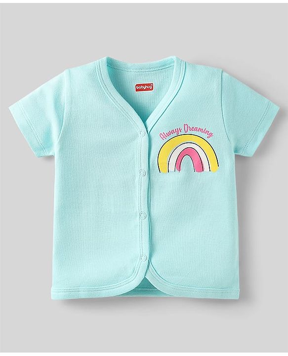 Babyhug 100% Cotton Interlock Knit Front Open Half Sleeves jhablas With Star & Rainbow Print Pack Of 3 - Pink Light Blue & Yellow