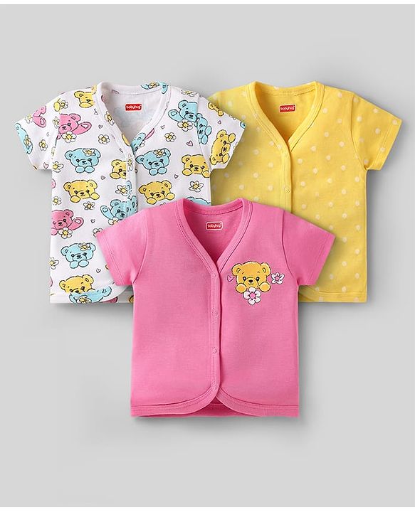 Babyhug 100% Cotton Interlock Knit Front Open Half Sleeves jhablas With Bear & Polka Dots Print Pack Of 3 - Pink Yellow & White